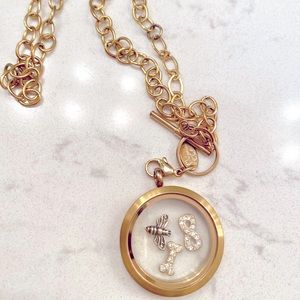 Origami owl large gold locket, toggle necklace & charm bundle